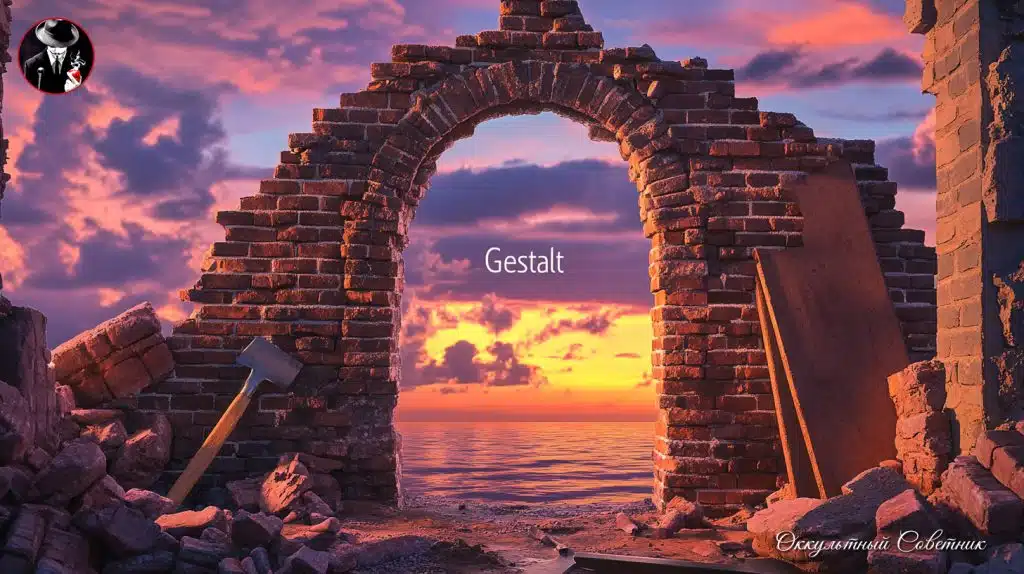 © Оккультный Советник Арт. На изображении представлена незавершенная кирпичная арка на фоне яркого заката и спокойного моря. Эта арка символизирует незакрытый гештальт - незавершенную ситуацию или переживание в нашей жизни. Инструменты каменщика и стопка кирпичей у основания арки отражают процесс работы над собой, необходимый для закрытия гештальта. Яркий закат и море, видимые сквозь открытую часть арки, олицетворяют гармонию и баланс, которые мы обретаем, завершая этот процесс.
