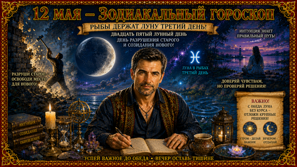 12 мая — Зодиакальный гороскоп. РЫБЫ держат Луну третий день! Двадцать пятый лунный день! День РАЗРУШЕНИЯ старого и созидания нового! ♓♈♉